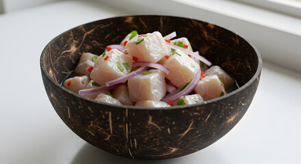 Exotic ceviche dish served in a natural coconut shell bowl presentation