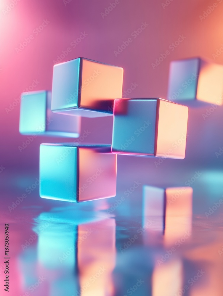 Aufkleber Floating 3D cubes create a vibrant futuristic atmosphere with colorful reflections and neon gradients in a minimalistic environment