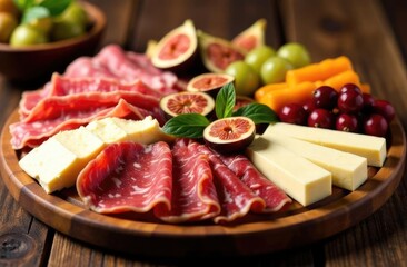 Close-up. Wooden plate with snacks for wine.