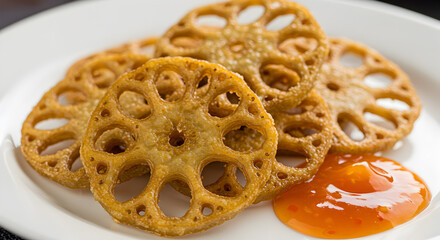 Golden crispy lotus stem rings served with vibrant orange dipping sauce dish