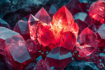 crystal formation, a dense grouping of red crystals, centered around a small red crystal