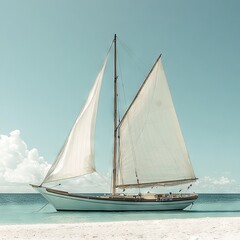 Fototapeta premium A sailboat drifting atop azure waters beside a pristine white sand shore on a radiant sunlit day