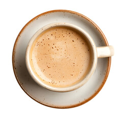 A cup of frothy coffee on a saucer top view