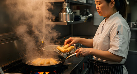 Professional chef meticulously frying spring rolls in a restaurant kitchen