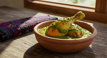 Authentic Guatemalan Joc?n chicken dish with vibrant green sauce presentation