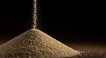 Flow of sand falling from top to bottom on dark black background, symbol of passing time, countdown concept for business solutions, project end, or sale deadline