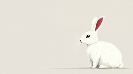 Obraz premium A white rabbit sits against a gray background, with red and black spots on its ears and nose