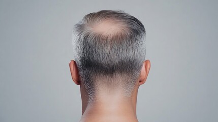 Obraz premium Man showing gray hair and signs of baldness on gray background