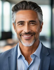 Fototapeta premium A close-up headshot portrait of a happy, mid-aged older businessman executive standing in an office. This smiling 50-year-old mature and confident professional manager, also a confident businessman in