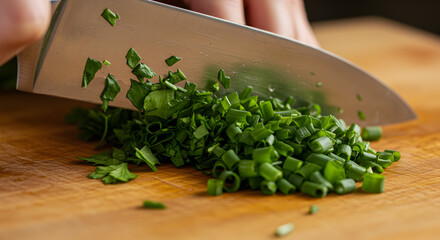 Culinary preparation: Fresh herbs chopped with a chef's knife on wood surface