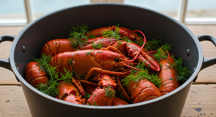 Halland Boiled Lobster Presentation with Dill Sprigs in a Pot Near a Window