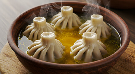 Steaming Georgian Khinkali Dumplings in Broth Ready to Serve in Rustic Bowl