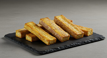 Delicious crispy taro root sticks served on a rustic black slate platter display