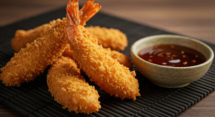 Golden crispy tempura shrimp served on black bamboo mat with dipping sauce