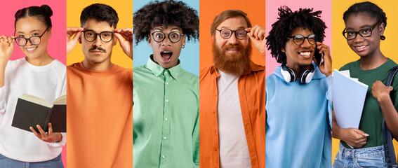 Obraz premium A diverse group of friends showcases their happiness, each with a unique expression. They engage in fun activities, celebrating a vibrant summer atmosphere against colorful backgrounds.