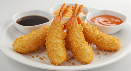 Golden perfection: Delicious fried shrimp tempura with assorted dipping sauces