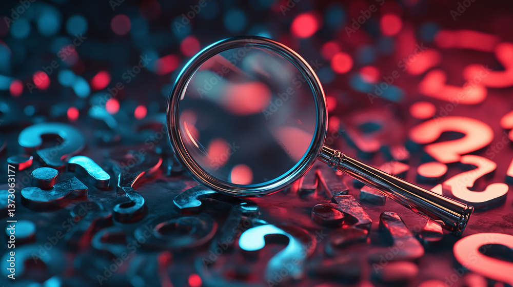 Poster magnifying glass on metallic question marks, illuminated by red and blue light, showcasing search, i