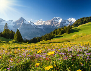 Fototapeta premium A scenic Swiss alpine meadow under bright sunlight with blooming wildflowers and snow-capped mountains in the background