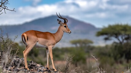 Impala Standing on Rocky Terrain with Distant Mountain