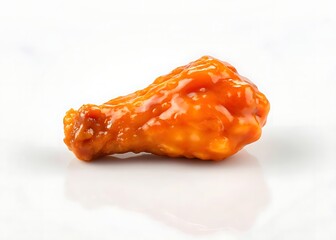 A succulent, glistening chicken wing, drenched in tangy buffalo sauce, a perfect game-day snack, shot against a bright white background.