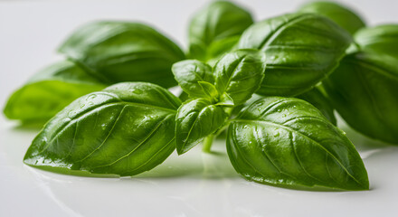 Obraz premium Fresh green basil leaves glistening with droplets against a white background