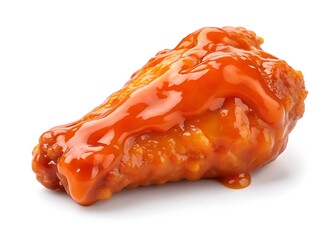 A succulent, glistening chicken wing, drenched in a vibrant, tangy sauce, a mouthwatering image of comfort food perfection with bright lighting and a clean white background.