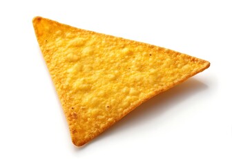 A single, perfectly crisped tortilla chip, golden and inviting, ready to be dipped into a flavorful salsa against a bright white background.