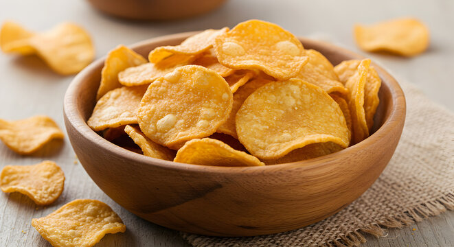 Golden ulluco chips served in wooden bowl on rustic surface creating a delicious snack
