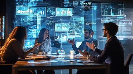 Business team discussing data analytics in a modern office with digital graphs and charts displayed in the background