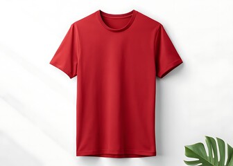 A vibrant red tee shirt, ready for a summer adventure, showcasing simple elegance against a clean white backdrop with subtle shadows.
