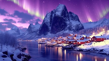 Majestic Northern Lights Above Snowy Mountain and Serene Village by Water Illuminated Under Aurora Borealis Dreamy Winter Nightscape Scenic Landscape Photo Art