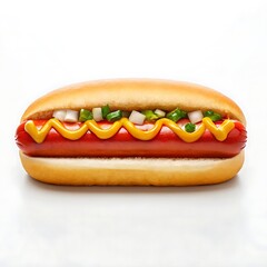 A classic hot dog, perfectly grilled and nestled in a soft bun, topped with vibrant yellow mustard and a crunchy relish of onions and peppers, a simple yet satisfying meal.