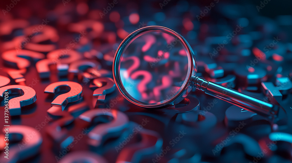 Poster magnifying glass on a field of question marks, lit with red and blue light, symbolizing search, inqu