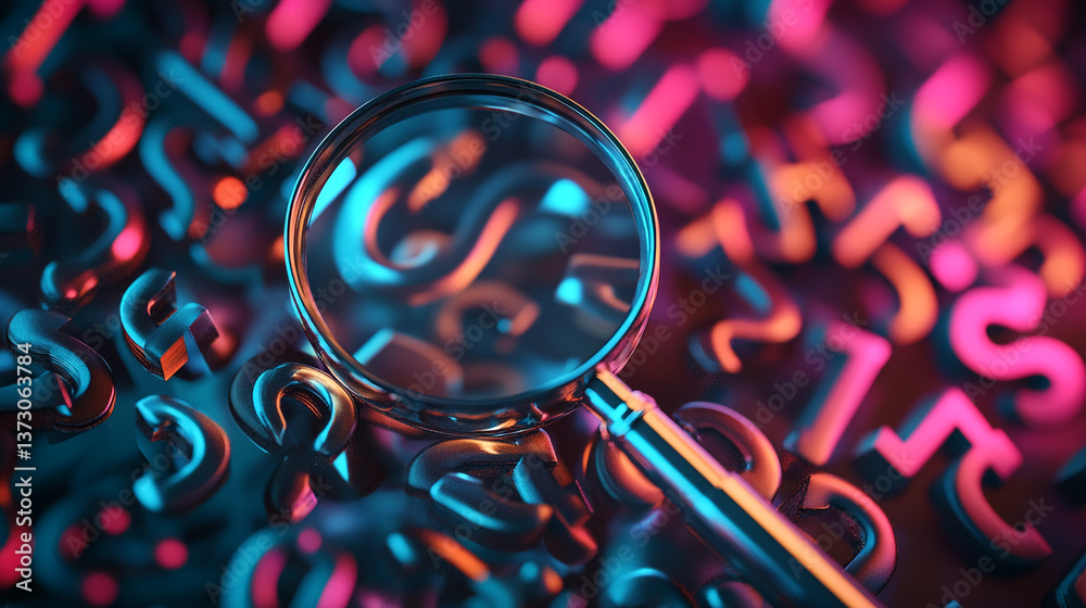 Poster close-up of a magnifying glass over colorful numbers, creating an abstract search concept, symbolizi