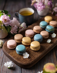 Swiss macarons neatly arranged in pastel colors on a rustic wooden platter, paired with edible floral garnishes