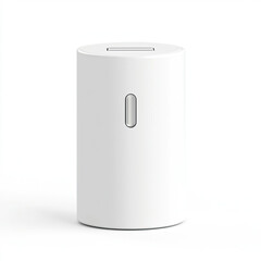 A sleek white cylindrical device, subtly minimalist, featuring a small, silver power button, promising effortless modern technology.