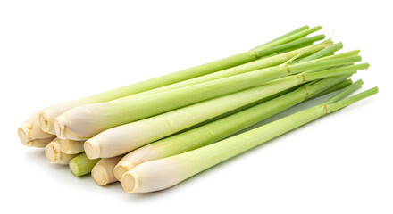 Pile of fresh lemongrass stalks arranged on a clean white background studio setting