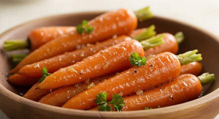 Delicious glazed carrots with maple syrup served in a wooden bowl closeup