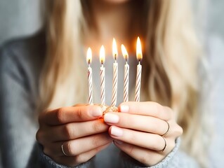 Close-up of a woman holding five lit birthday candles, creating a warm and intimate atmosphere. The background is blurred.
