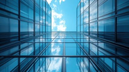 Modern glass skyscrapers reflecting a vibrant sky.  Modern architectural facade with a low-angle perspective.  Glass panels and metal framing, showcasing urban design