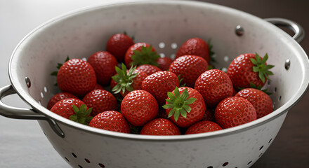 Vibrant Fresh Strawberries Displayed in an Enamel Colander for Culinary Projects