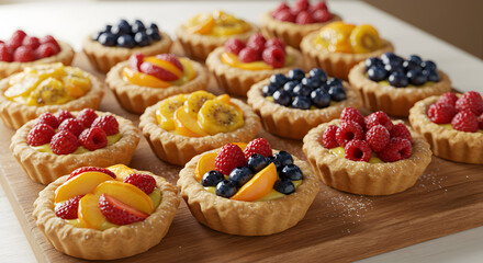 Assortment of delightful miniature fruit tarts with vibrant berries and citrus slices