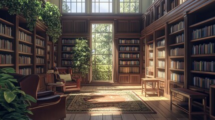 Interior view of a library with bookshelves plants and a