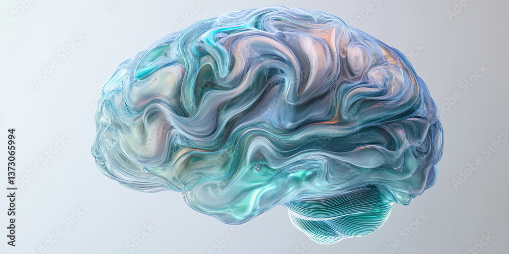 Aufkleber abstract brain-shaped form with swirling, translucent teal and blue textures, suggesting fluidity, i