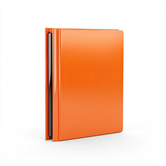 A vibrant orange hardcover book, ready for stories and ideas, standing against a clean white background, showcasing a sleek, modern design.