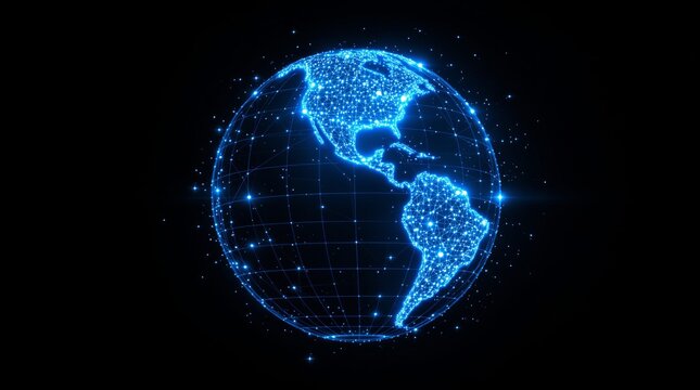 Digital globe with glowing blue network connections on dark background, representing global communication, technology, and data connectivity. Ai generative