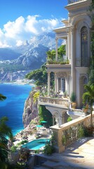 Obraz premium Luxury villa overlooking the sea with mountains in the background