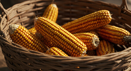 Abundant harvest of golden corn cobs arranged in rustic woven basket