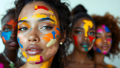 Obraz premium colorful face paint, vibrant makeup, diverse women, artistic portrait, close-up, multiple faces, blurred background, bold colors