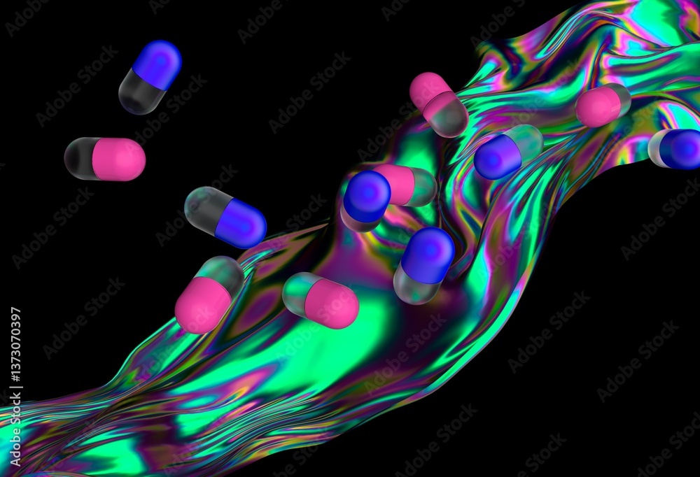 Aufkleber Dynamic 3D illustration with pink and blue capsules floating above an iridescent, fluid wave, set against a dark background, creating a surreal and futuristic vibe.